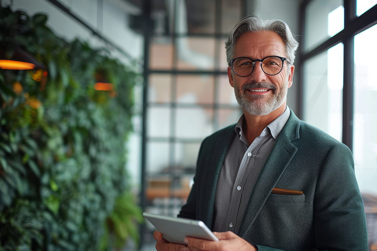 smiling older man wearing glasses holding a tablet
